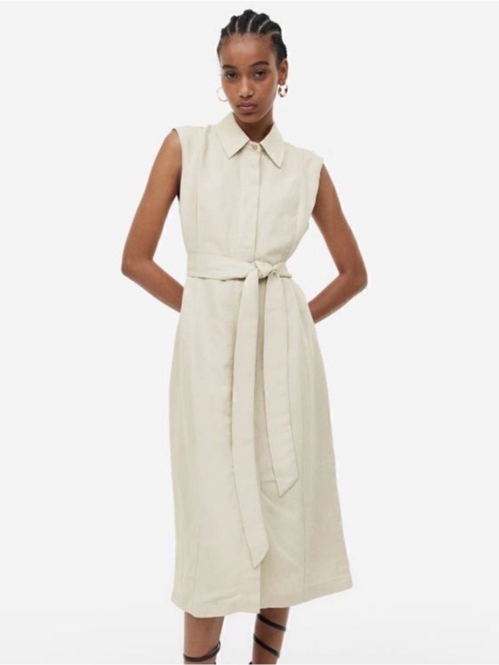 H&M linen blend Midi Dress in Cream medium